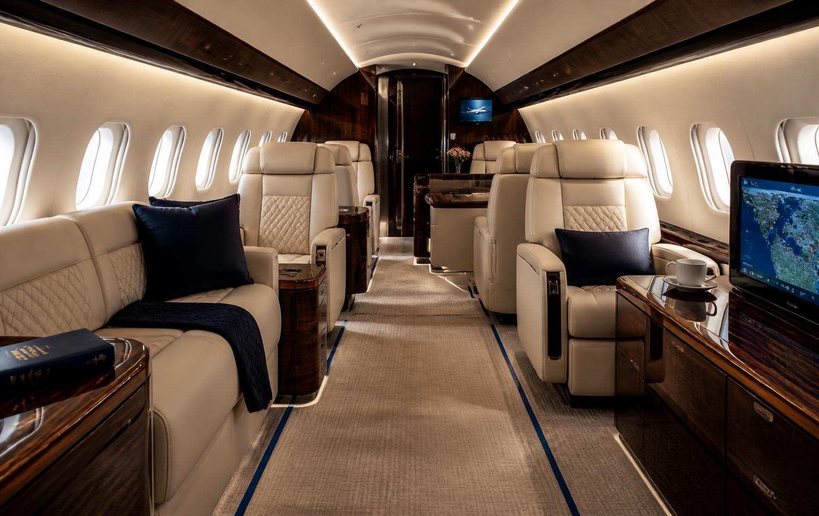 Cream leather cabin interior of a HERAJET aircraft